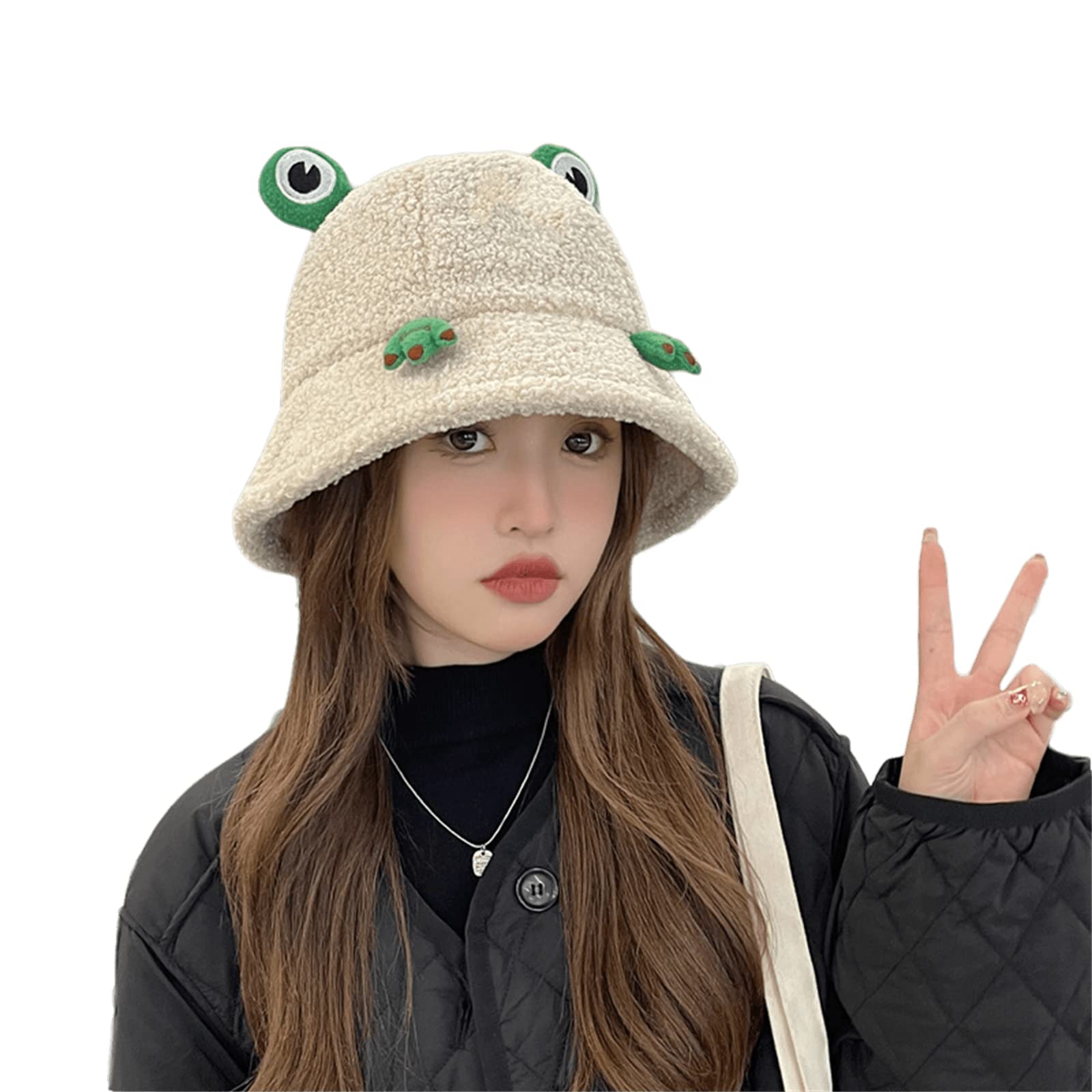 Women Kawaii Frog Fleece Bucket Hat Plush Knit Cap Sherpa Cute